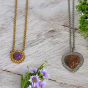 Duo Of 2 Gemstone-Inspired Necklaces Purple Sunburst & Heart-Shaped Stone